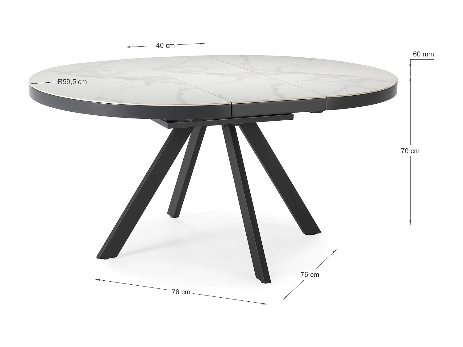 Runder ausziehbarer Tisch für 4/6 Personen aus weißer Keramik 120/160x76 cm