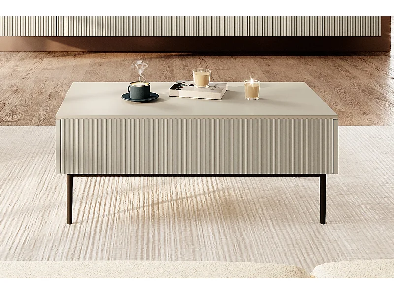 Mesa de centro com 2 gavetas, pé de metal em caxemira preta, 120x60 cm