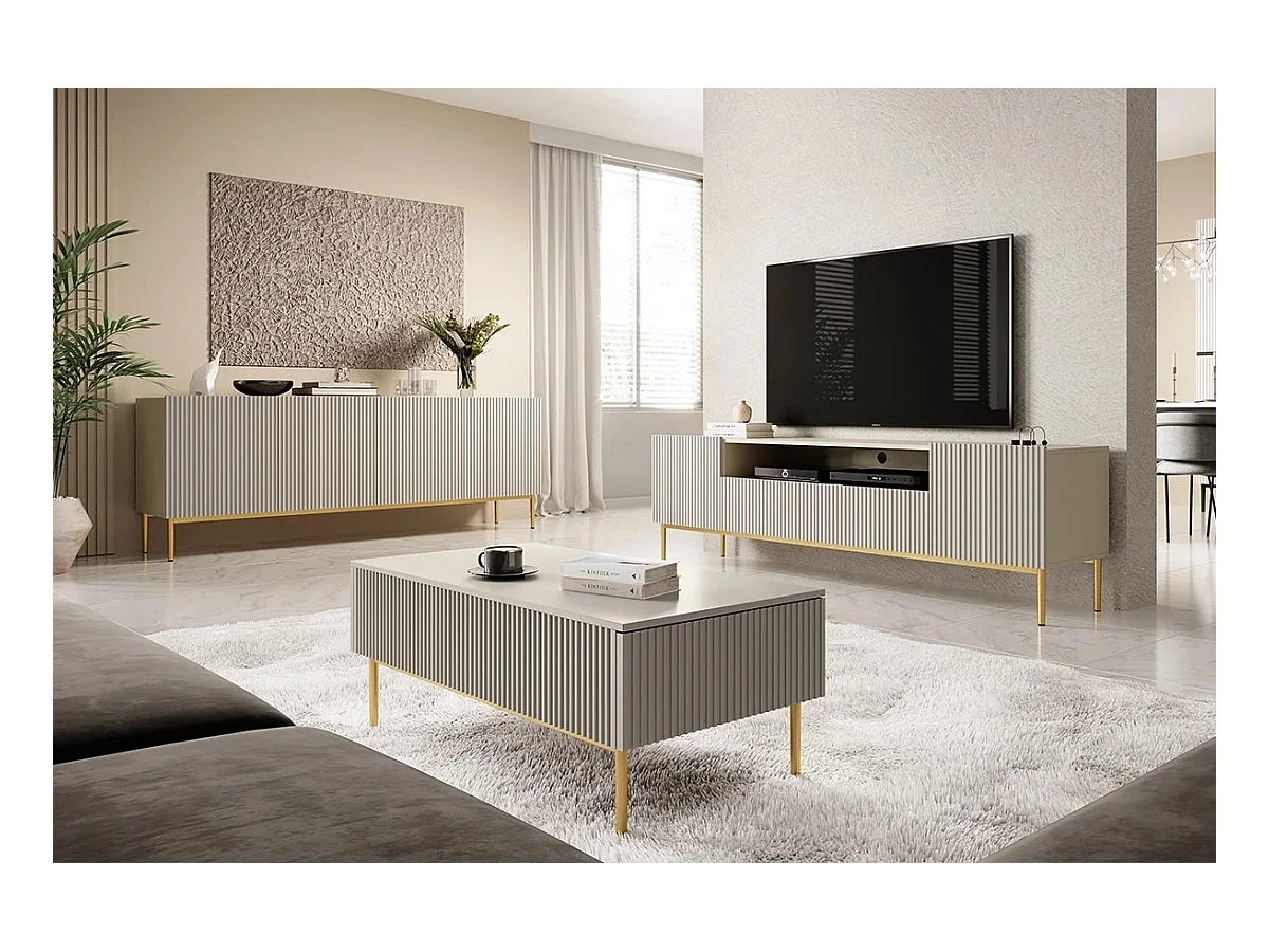 Couchtisch mit 2 Schubladen, Fuß aus kaschmirgoldenem Metall, 120x60 cm