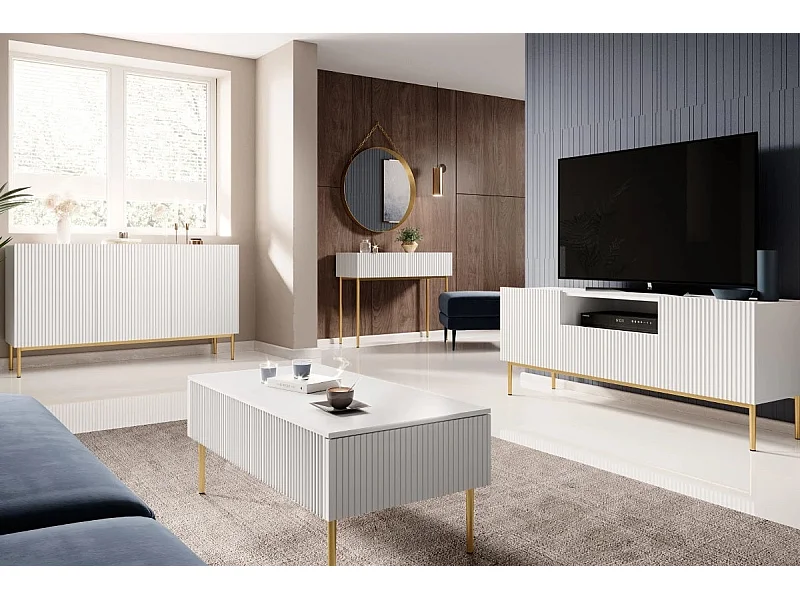 Couchtisch mit 2 Schubladen und weißgoldenem Metallfuß 120x60 cm