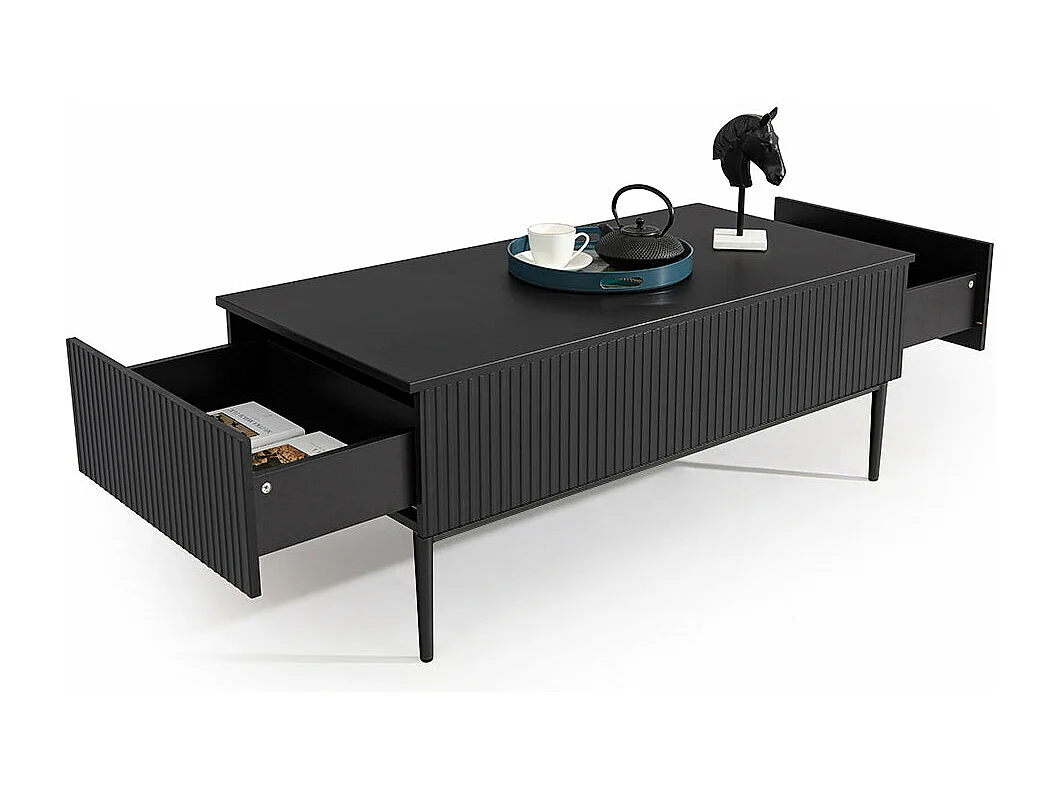 Mesa de centro com 2 gavetas com pé de metal preto 120x60 cm