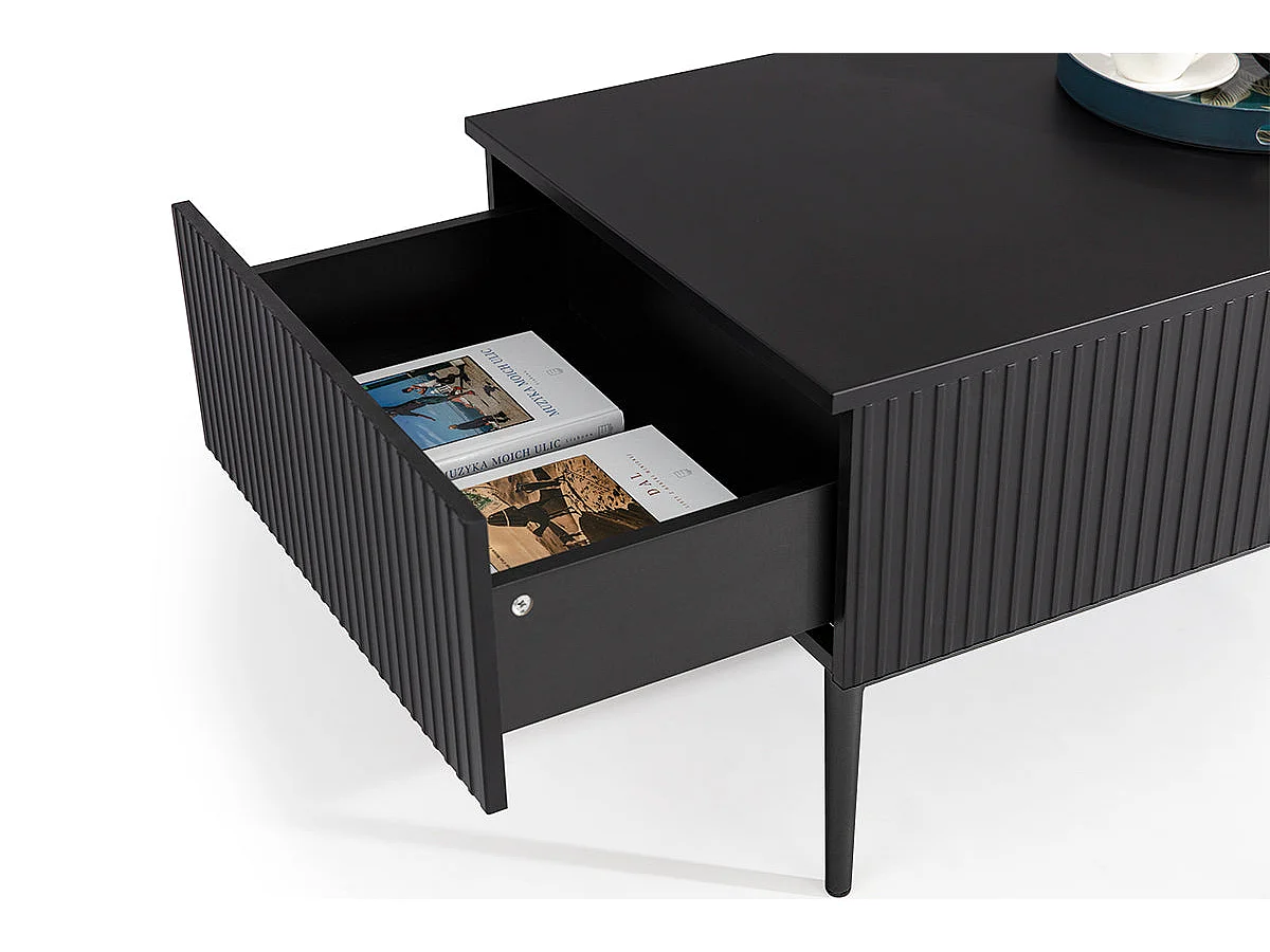 Mesa de centro com 2 gavetas com pé de metal preto 120x60 cm