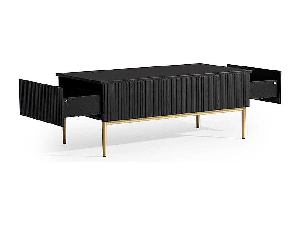 Mesa de centro con 2 cajones y pie de metal negro dorado 120x60 cm