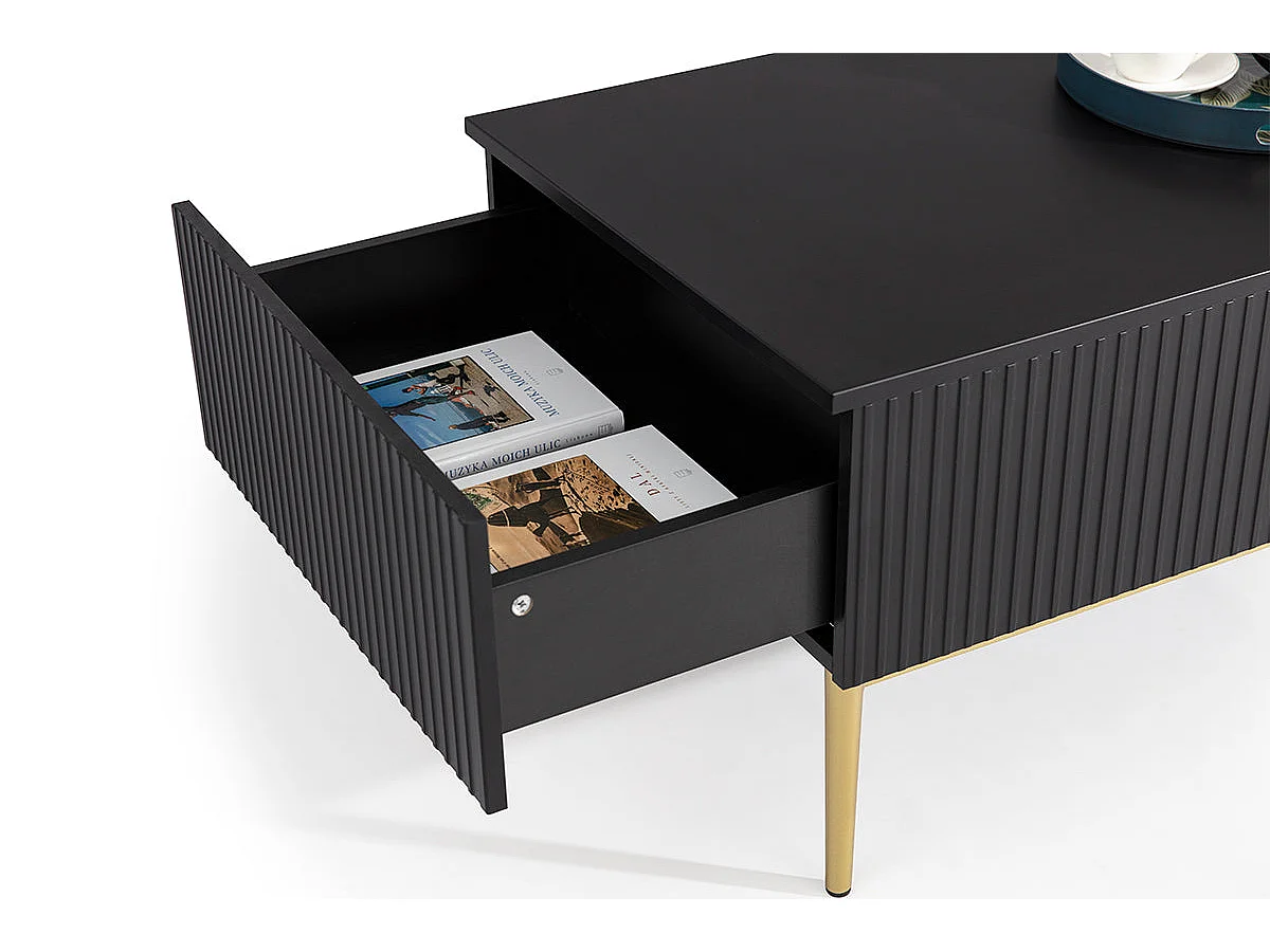 Mesa de centro con 2 cajones y pie de metal negro dorado 120x60 cm