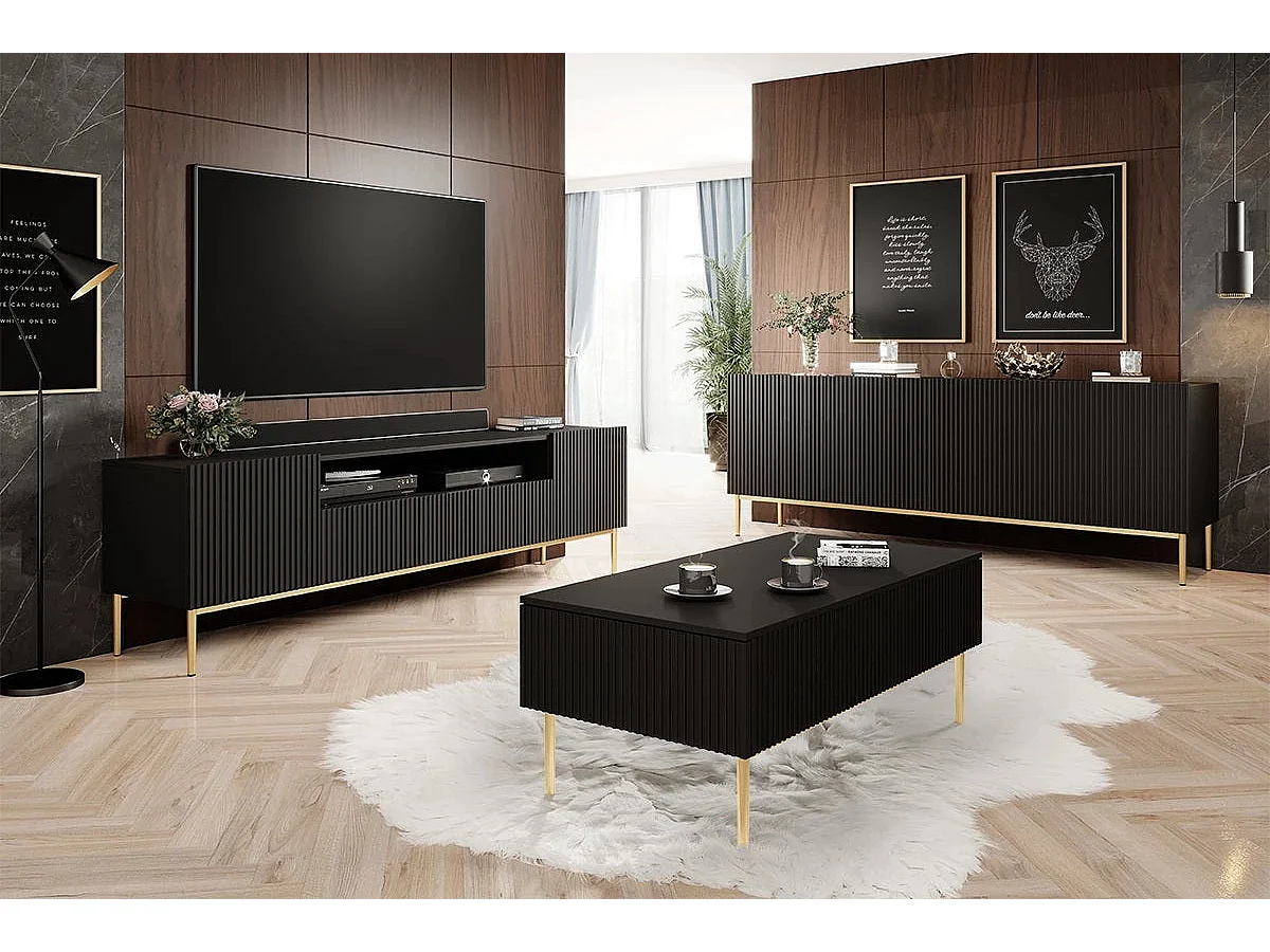 Mesa de centro com 2 gavetas e pé em metal dourado preto 120x60 cm