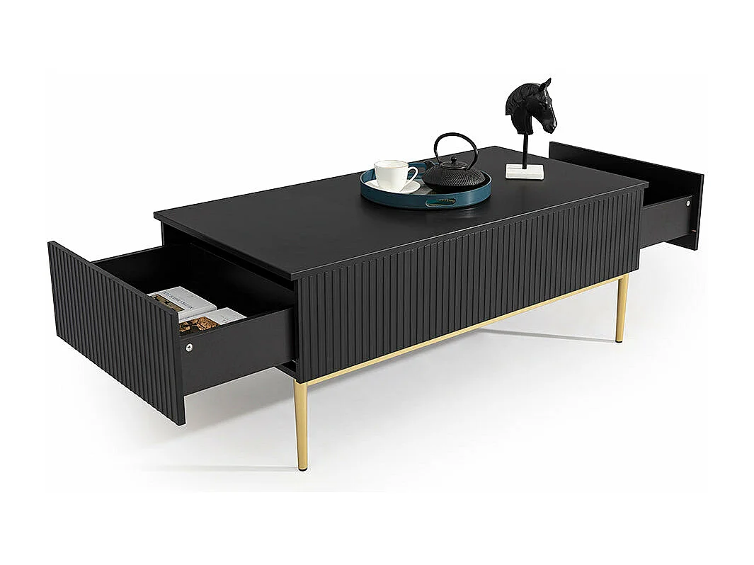 Mesa de centro com 2 gavetas e pé em metal dourado preto 120x60 cm