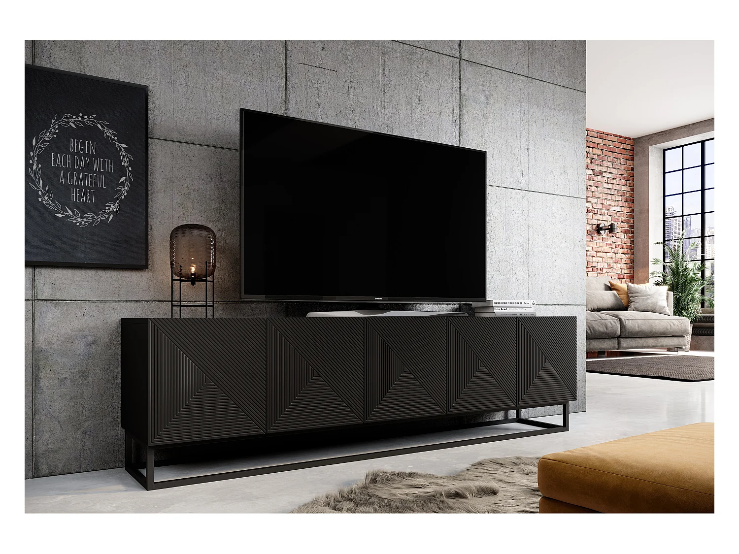 Mobile tv 5 ante in legno laminato nero con piede in metallo 200x40cm