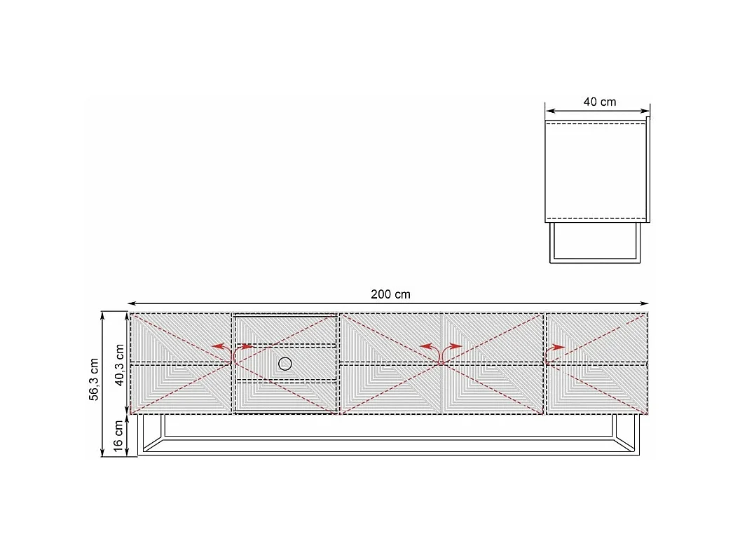 Mobile tv 5 ante in legno laminato nero con piede in metallo 200x40cm