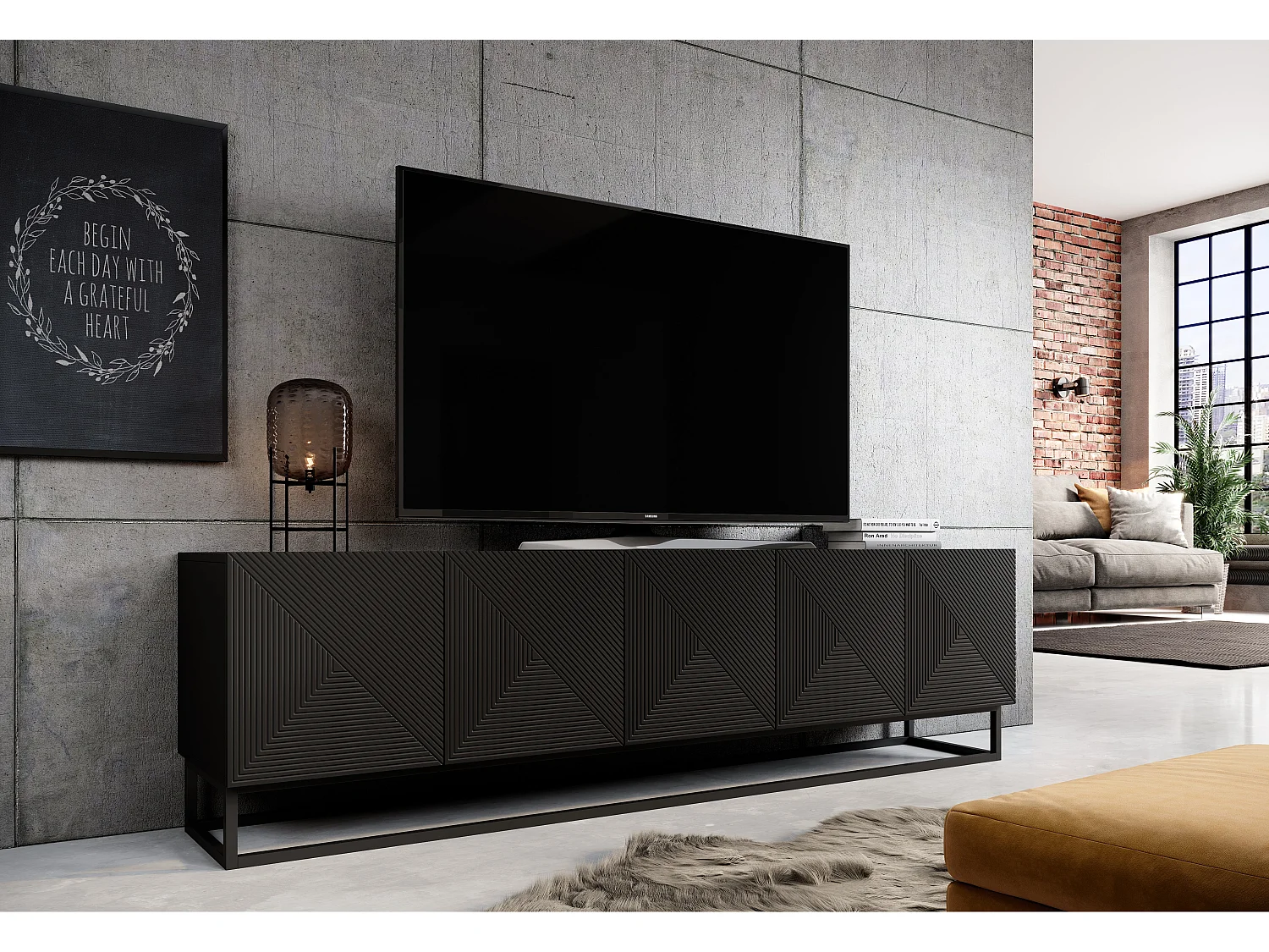 Meuble TV 5 deuren in hout lamellé noir met metalen pied 200x40cm