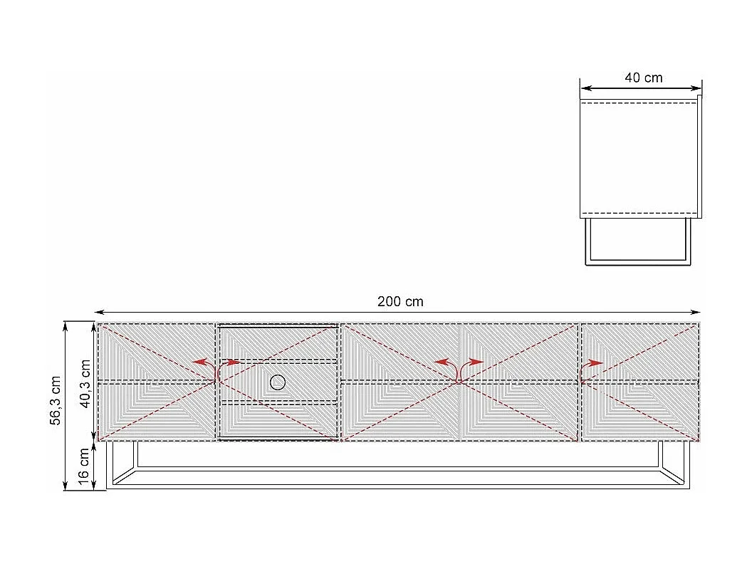 Meuble TV 5 deuren in hout lamellé noir met metalen pied 200x40cm