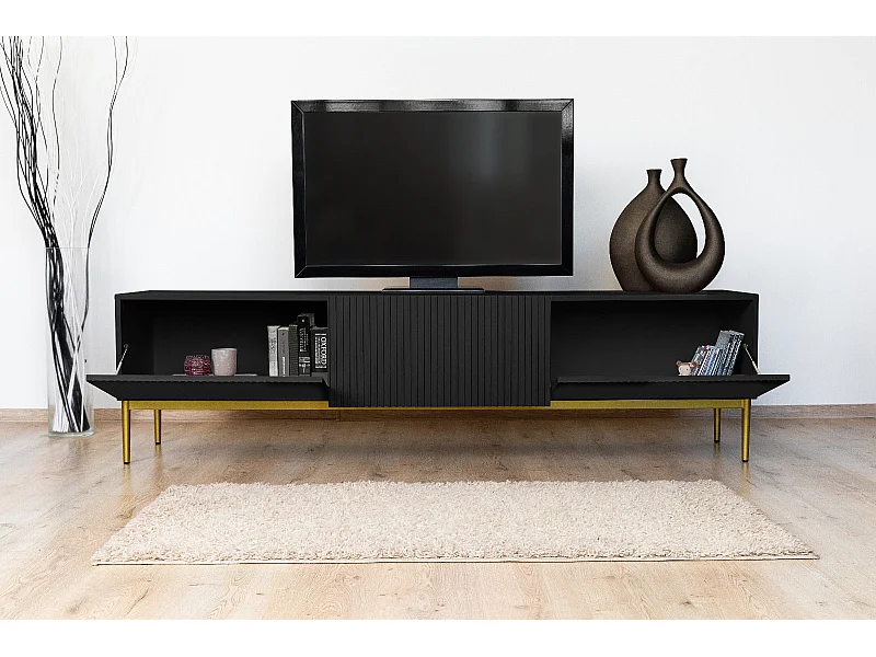 Mobile tv 2 ante a ribalta 1 cassetto nero piede metallo oro 200x45 cm