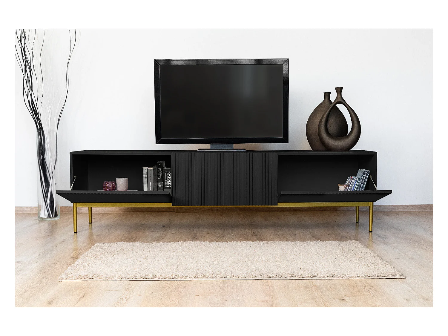 Mobile tv 2 ante a ribalta 1 cassetto nero piede metallo oro 200x45 cm