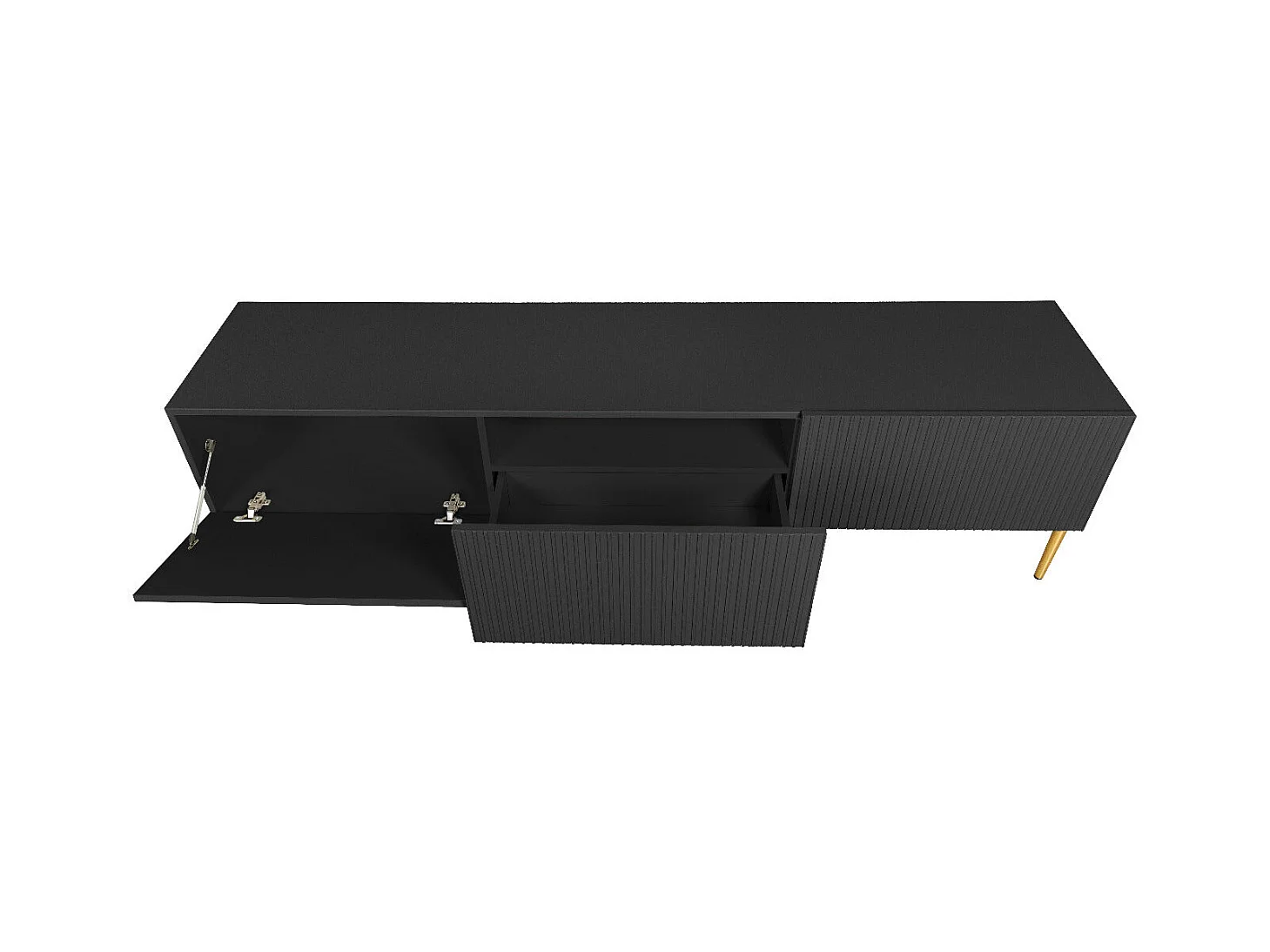 Mobile tv 2 ante a ribalta 1 cassetto nero piede metallo oro 200x45 cm