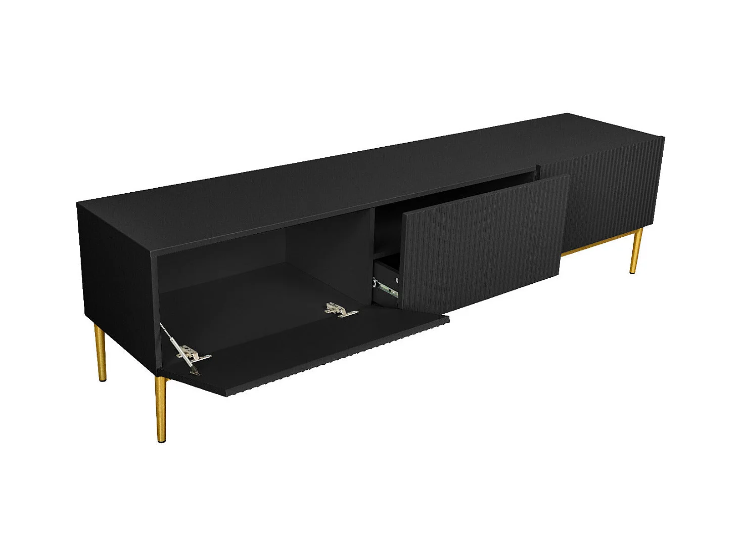 Mobile tv 2 ante a ribalta 1 cassetto nero piede metallo oro 200x45 cm