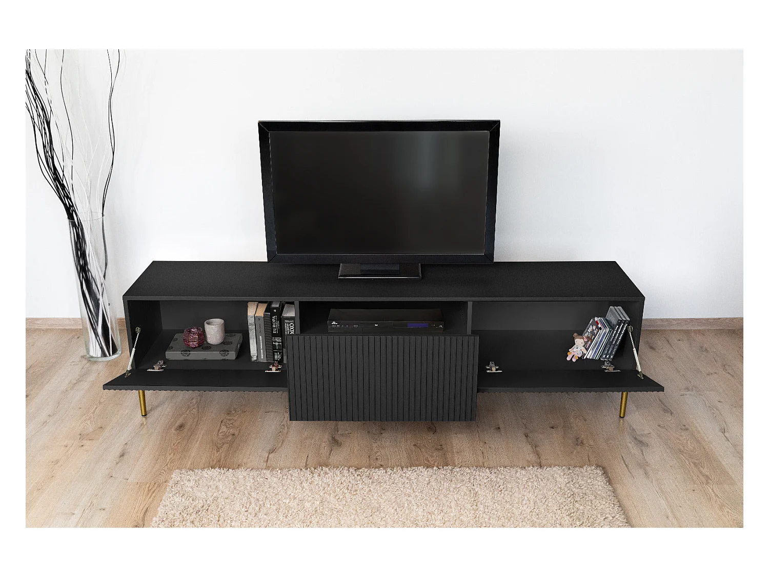 Mobile tv 2 ante a ribalta 1 cassetto nero piede metallo oro 200x45 cm