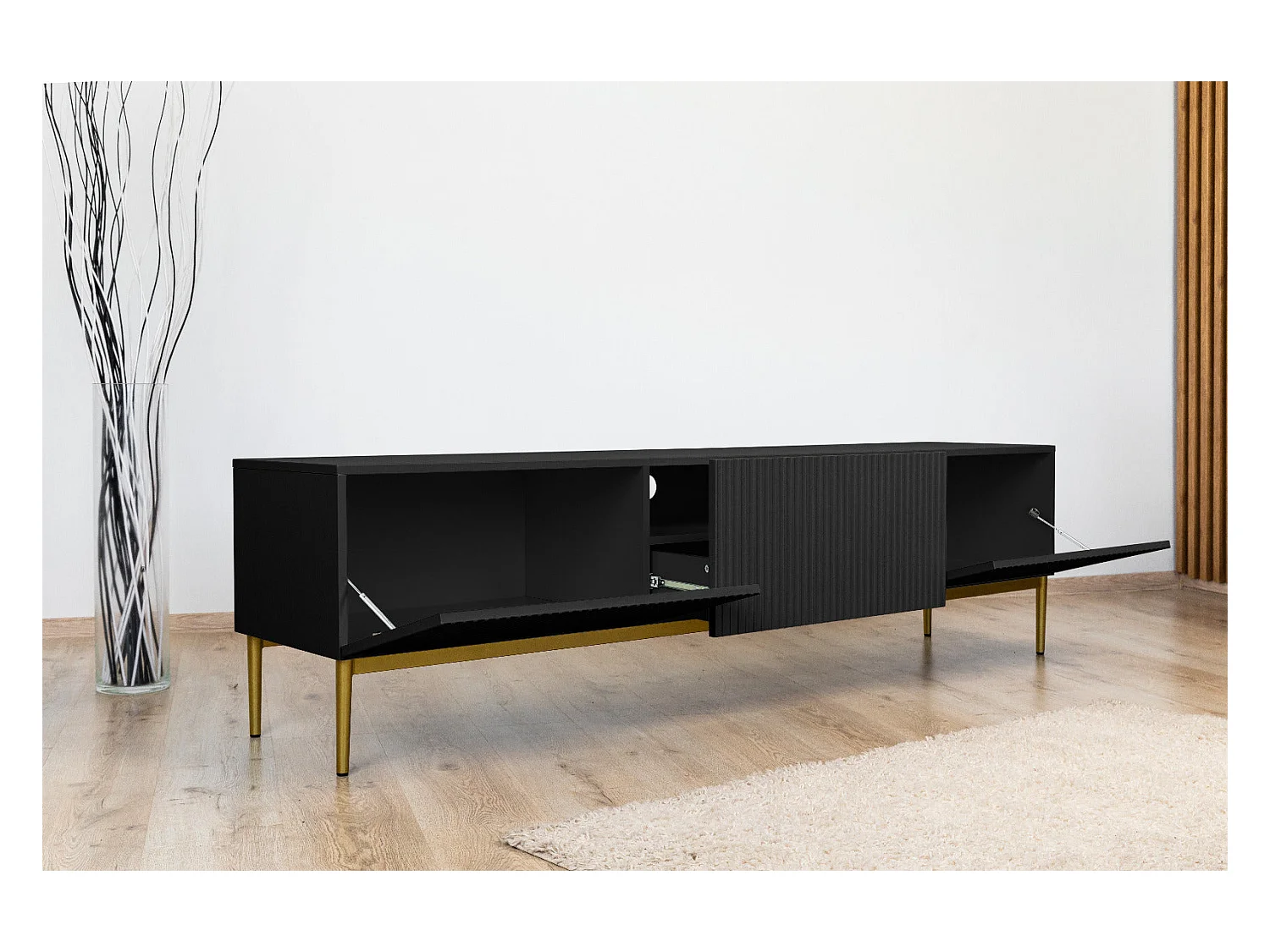 Mobile tv 2 ante a ribalta 1 cassetto nero piede metallo oro 200x45 cm