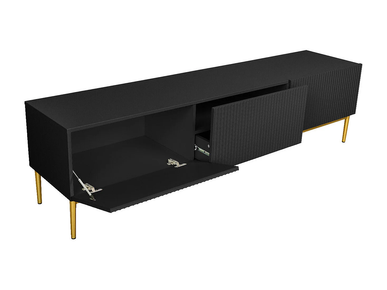 TV-Schrank, 2 Falttüren, 1 schwarze Schublade mit goldenem Metallfuß, 200 x 45 cm