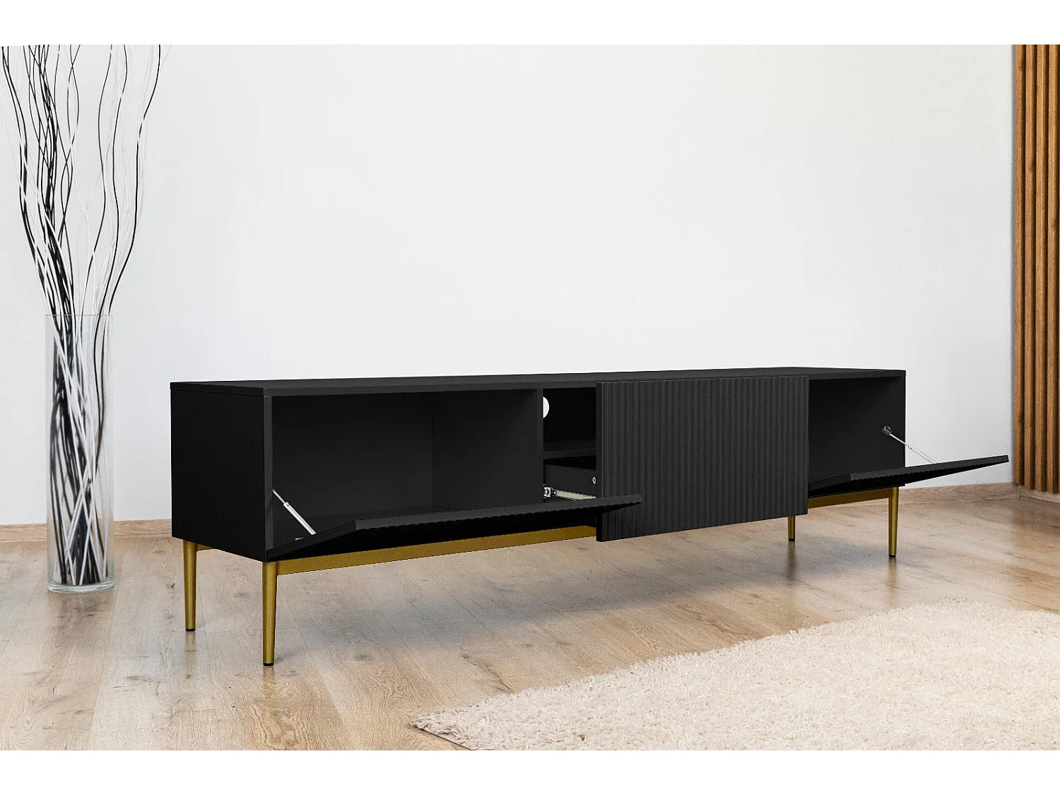 TV-Schrank, 2 Falttüren, 1 schwarze Schublade mit goldenem Metallfuß, 200 x 45 cm