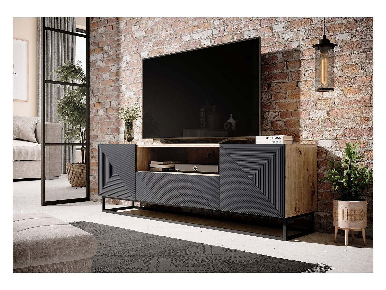 Mueble TV 2 puertas 1 cajón en madera laminada con pie metálico 167x40cm