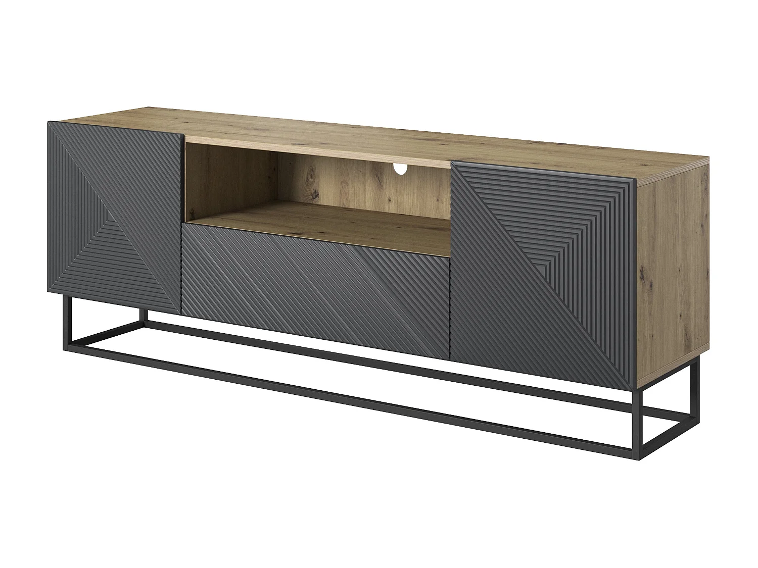 Meuble TV 2 deuren 1 lade in hout lamelle met metalen pied 167x40cm