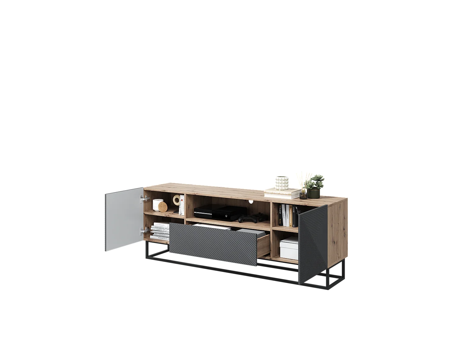 Meuble TV 2 deuren 1 lade in hout lamelle met metalen pied 167x40cm