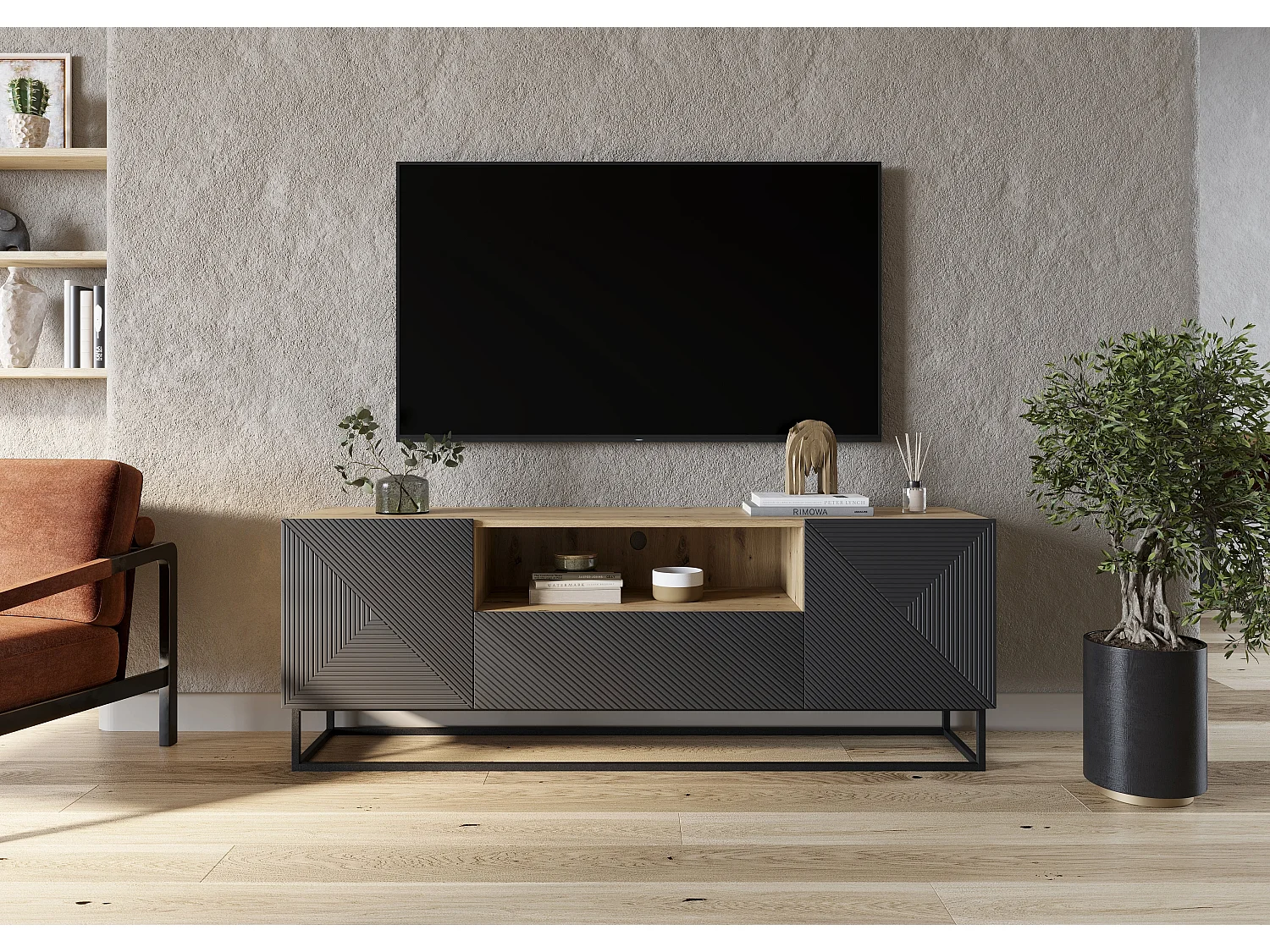 Meuble TV 2 deuren 1 lade in hout lamelle met metalen pied 167x40cm