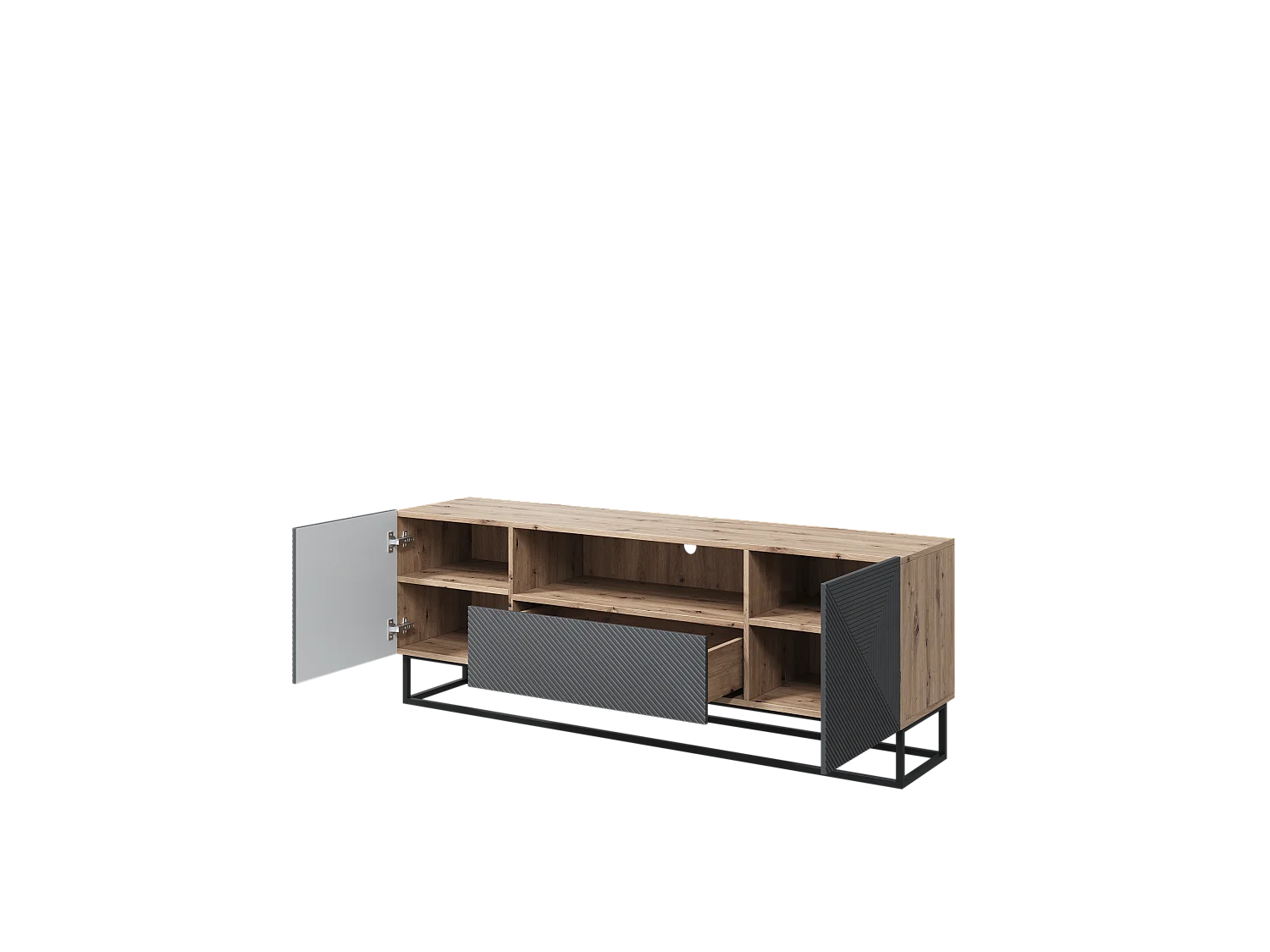 Meuble TV 2 deuren 1 lade in hout lamelle met metalen pied 167x40cm