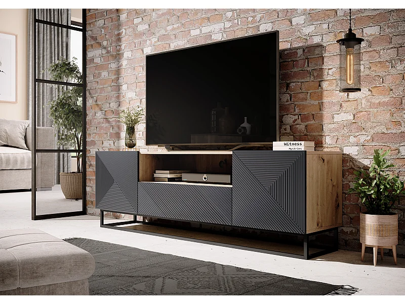 Mueble TV 2 puertas 1 cajón en madera laminada con pie metálico 167x40cm