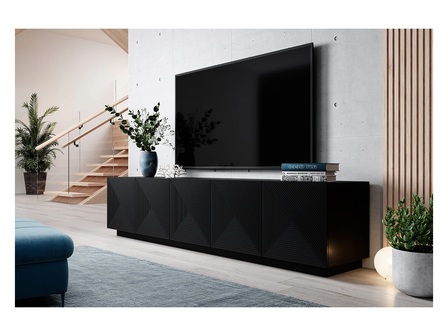 Mobile tv 5 ante nero in legno laminato 200x40 cm