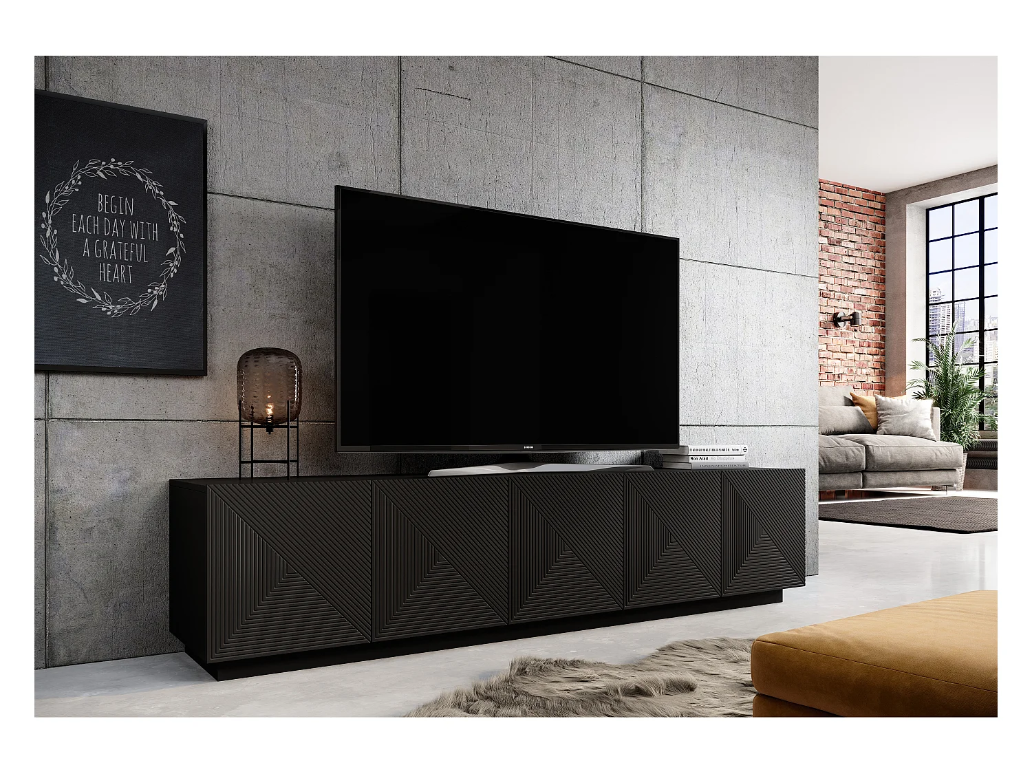 Mobile tv 5 ante nero in legno laminato 200x40 cm