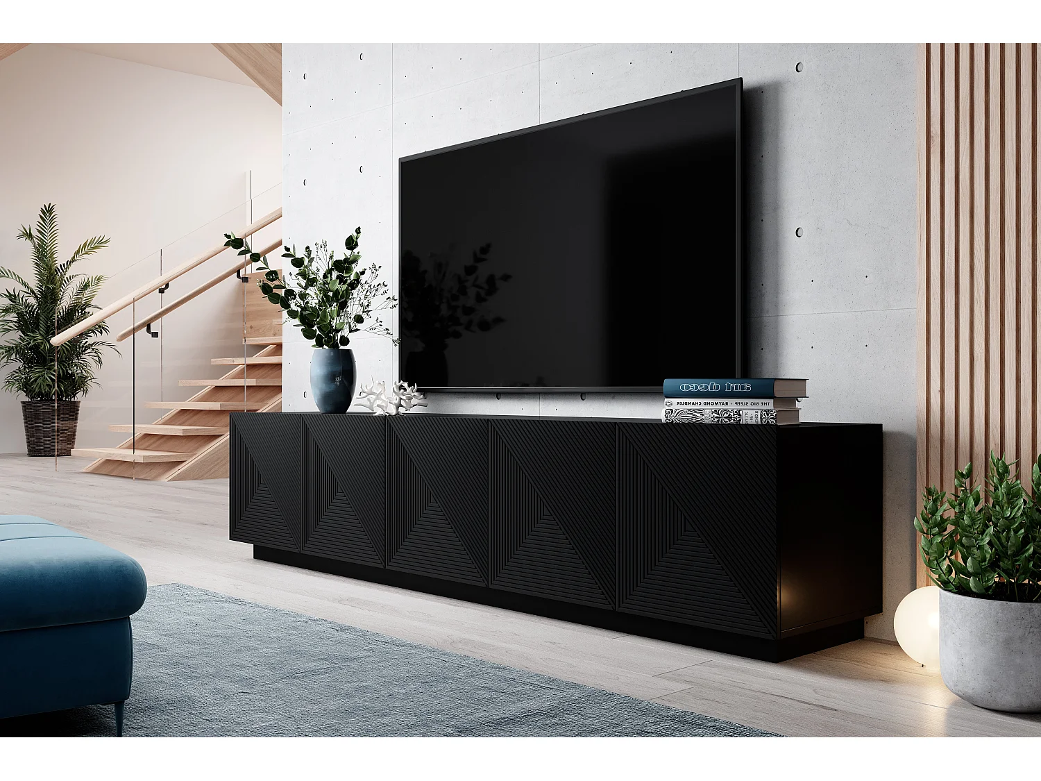 Mobile tv 5 ante nero in legno laminato 200x40 cm