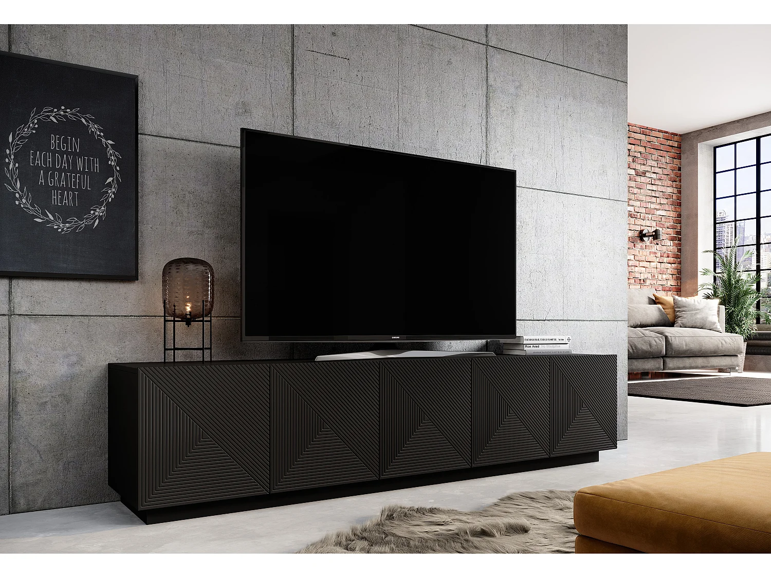 Mobile tv 5 ante nero in legno laminato 200x40 cm