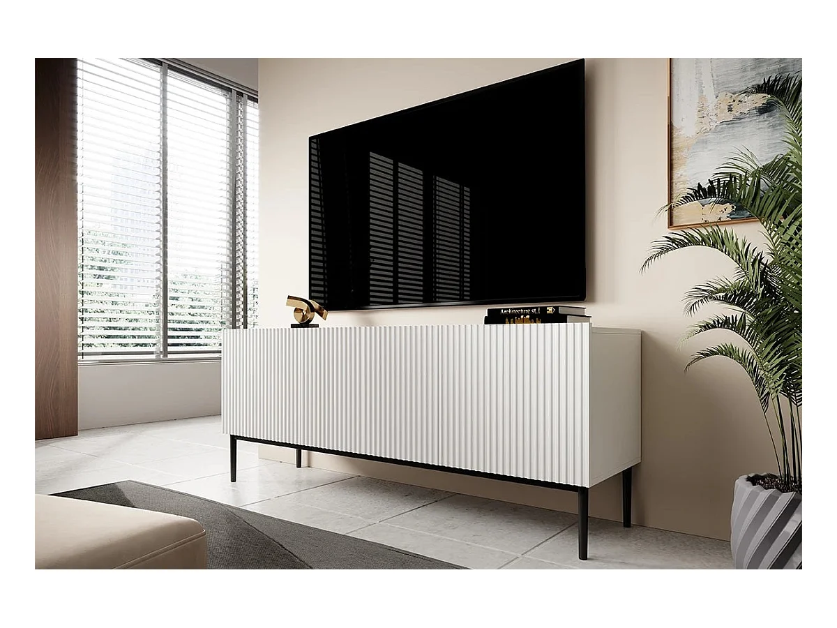 Mueble TV con 2 puertas abatibles y 1 cajón blanco con pie metálico 150x45 cm