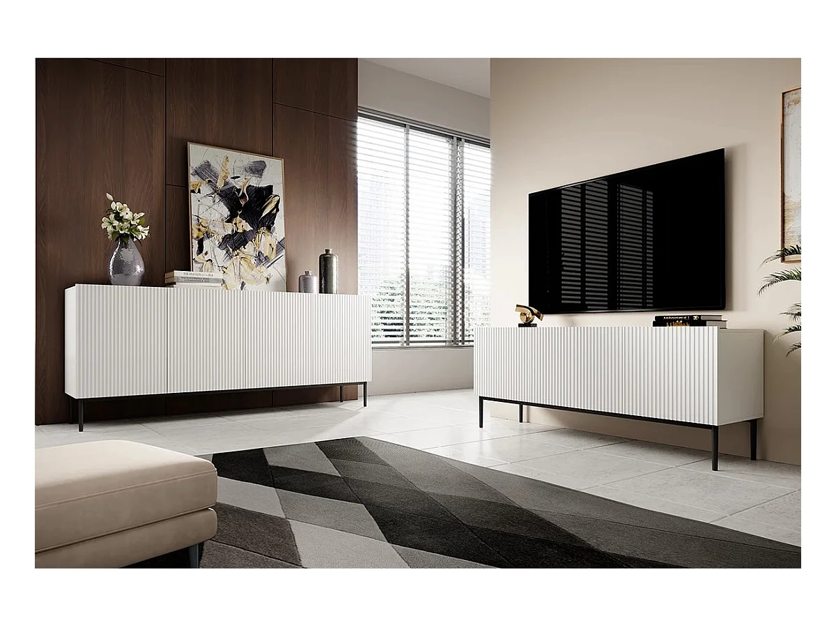 Mueble TV con 2 puertas abatibles y 1 cajón blanco con pie metálico 150x45 cm