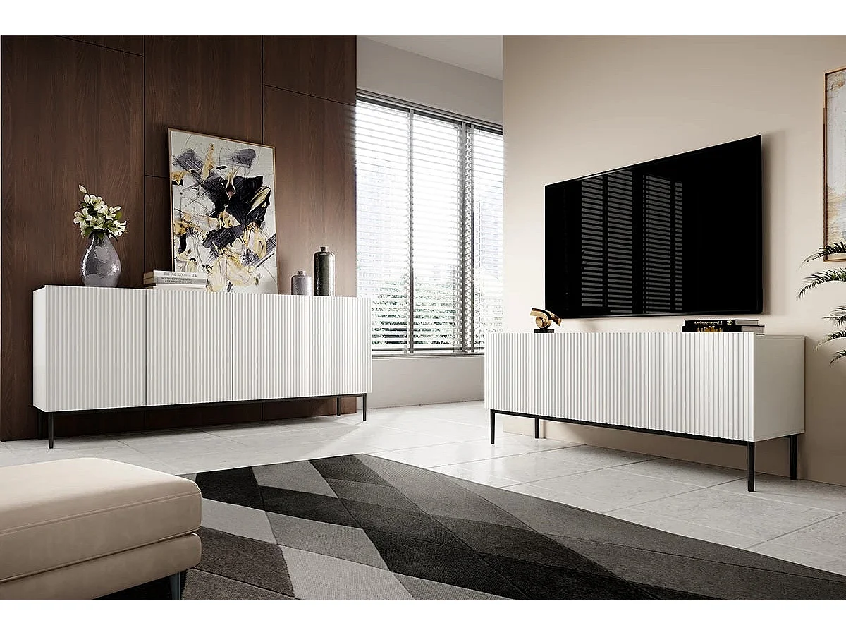 TV-meubel met 2 vouwdeuren en 1 witte lade met metalen onderstel 150x45 cm