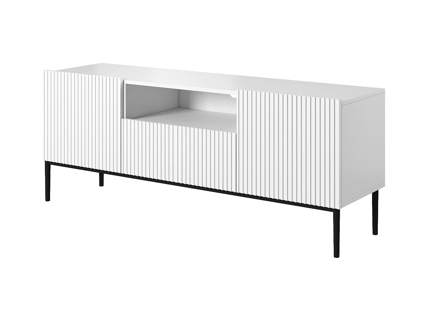 Weißer TV-Schrank mit 2 Türen und 1 Schublade mit schwarzem Metallfuß 150x45 cm
