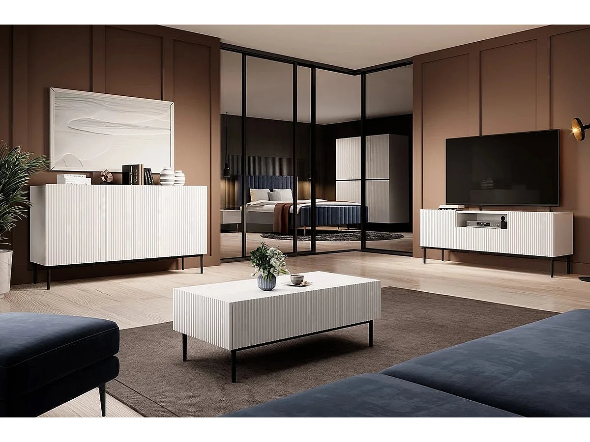 Weißer TV-Schrank mit 2 Türen und 1 Schublade mit schwarzem Metallfuß 150x45 cm