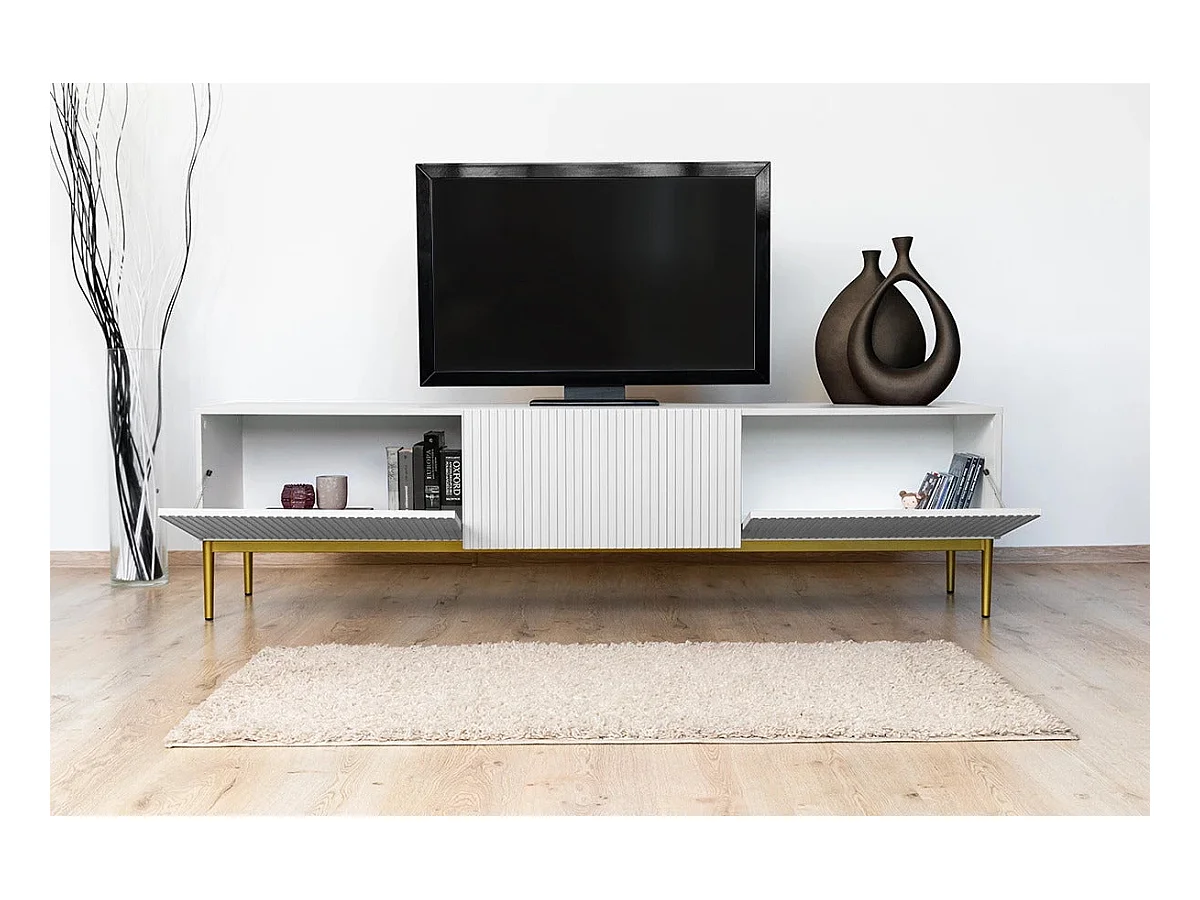 Mobile tv 2 ante a ribalta 1 cassetto bianco piede oro 200x45 cm