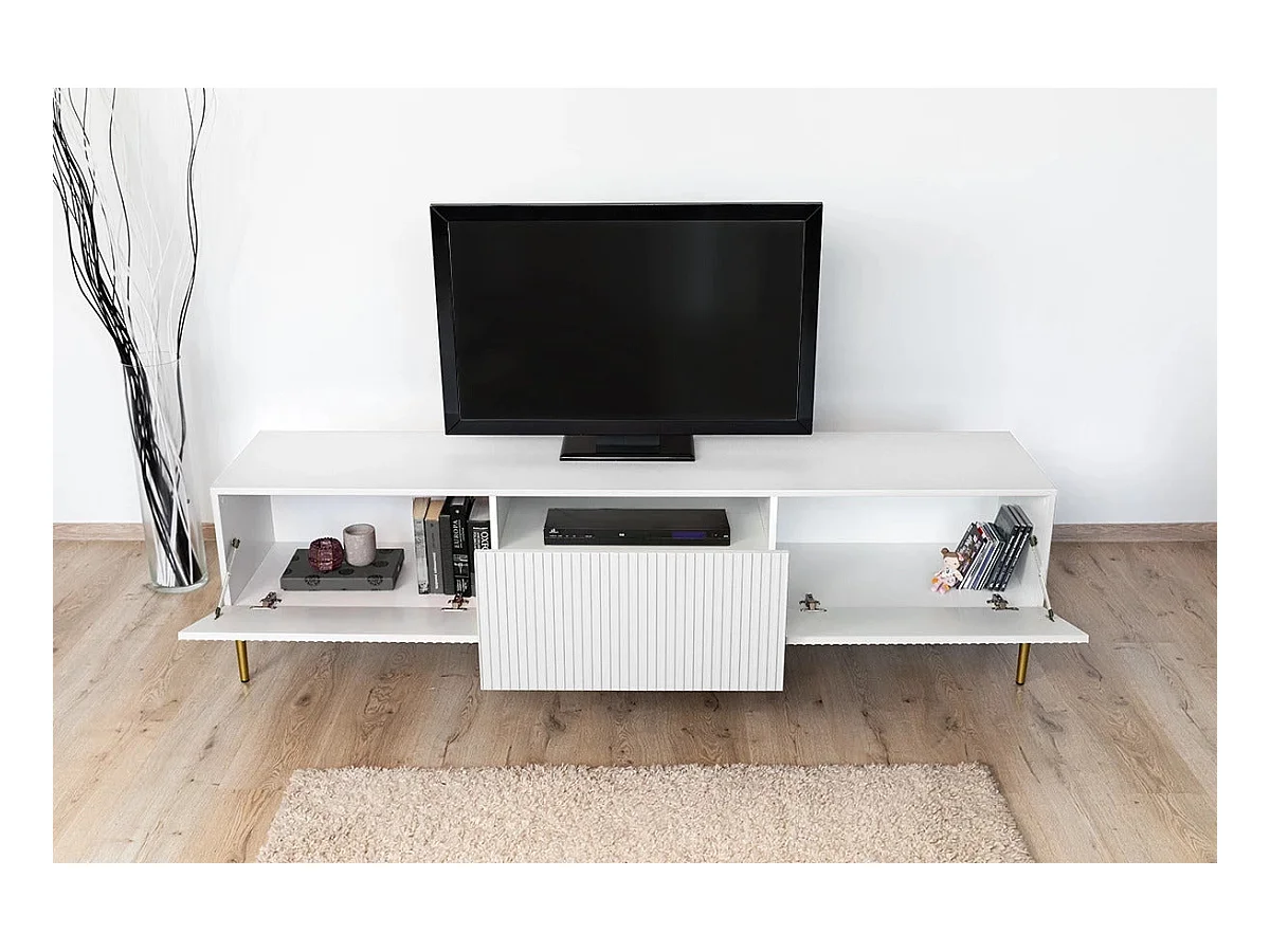 Mobile tv 2 ante a ribalta 1 cassetto bianco piede oro 200x45 cm