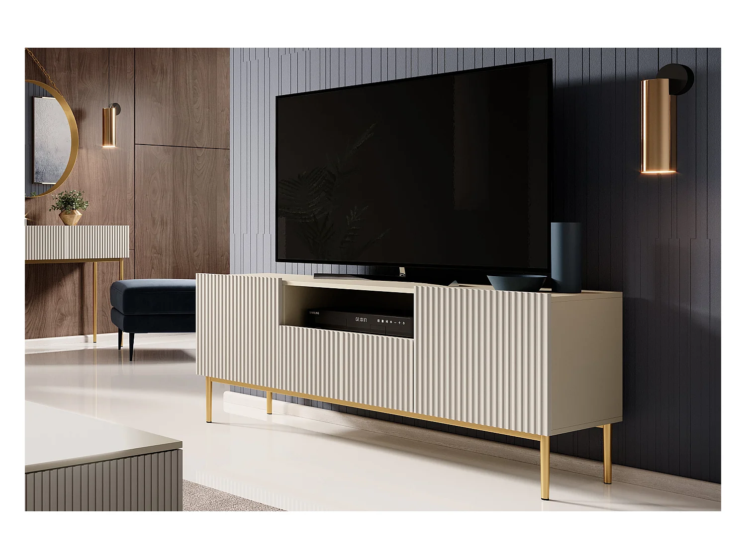 Mueble TV cashmere con 2 puertas y 1 cajón con pie de metal dorado 150x45 cm