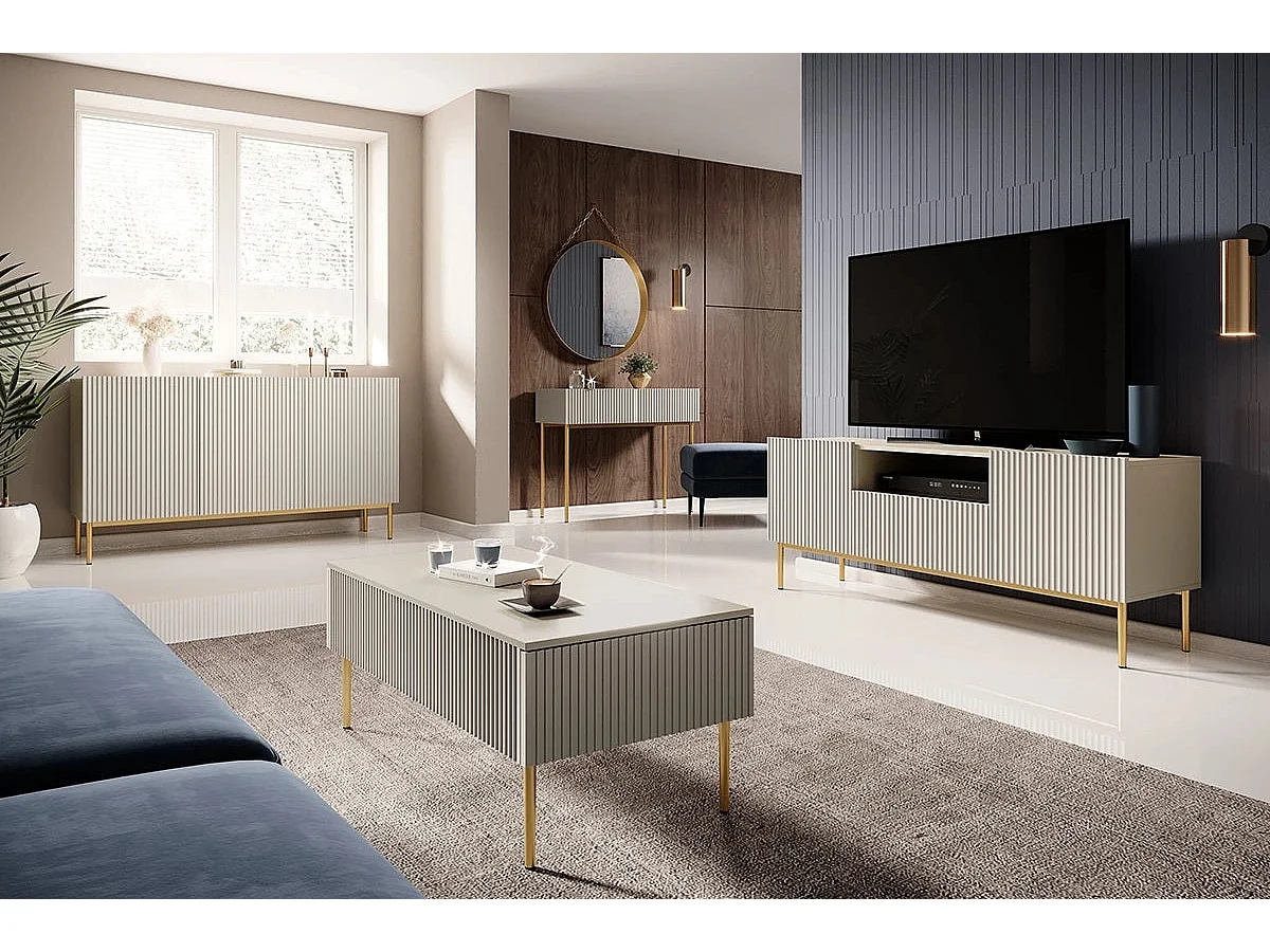 Mueble TV cashmere con 2 puertas y 1 cajón con pie de metal dorado 150x45 cm