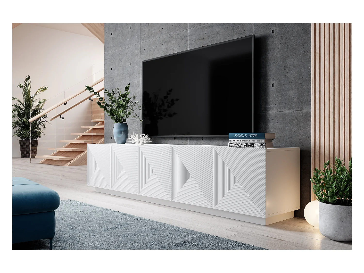 Mueble TV 5 puertas blanco en madera laminada 200x40 cm