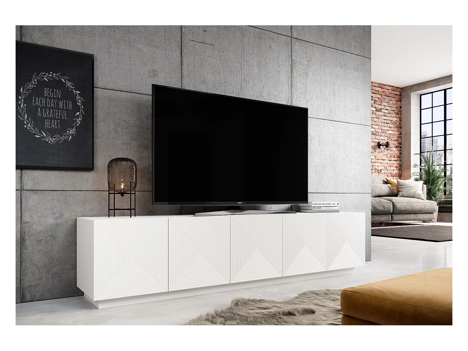 Mueble TV 5 puertas blanco en madera laminada 200x40 cm