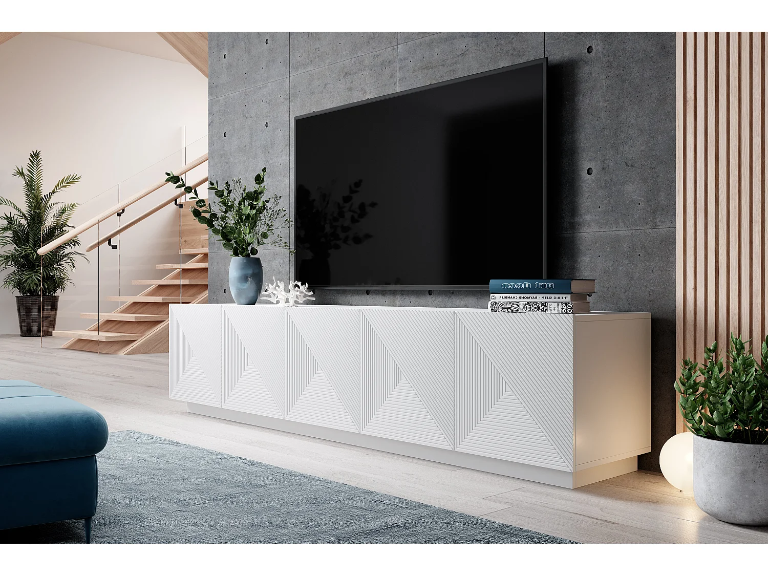Mueble TV 5 puertas blanco en madera laminada 200x40 cm