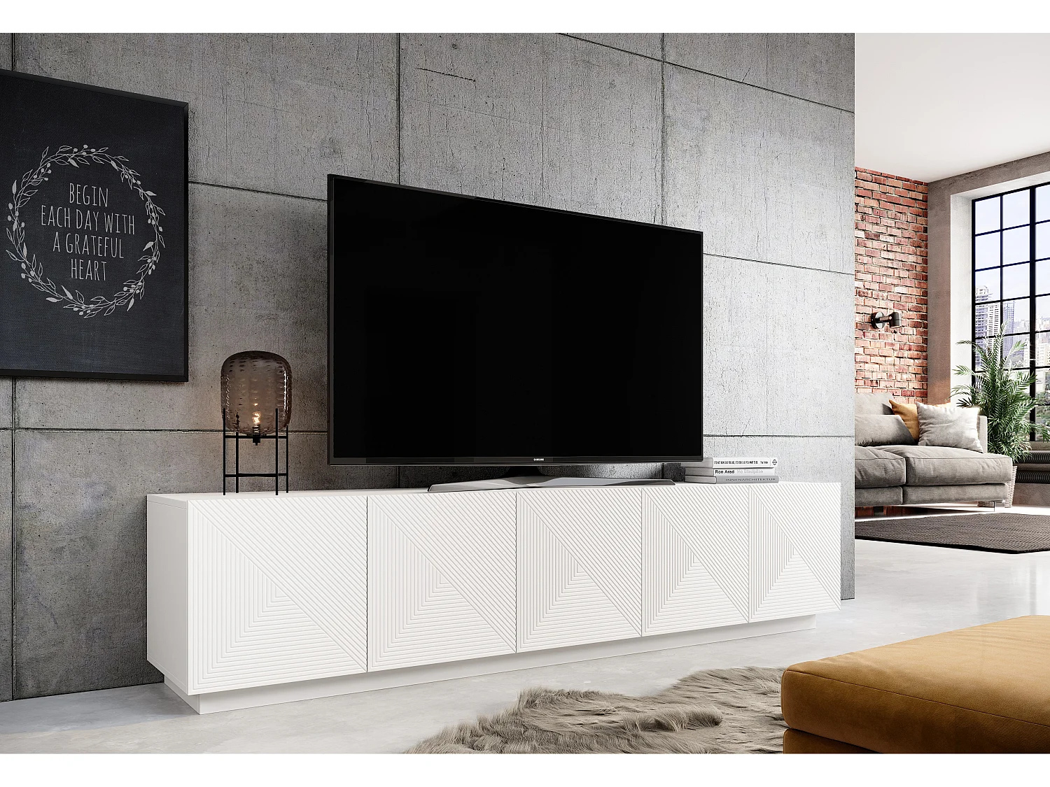 Mueble TV 5 puertas blanco en madera laminada 200x40 cm