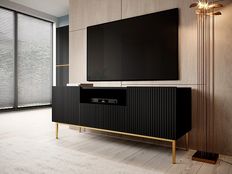 Mobile tv 2 ante e 1 cassetto nero con piede metallo oro 150x45 cm