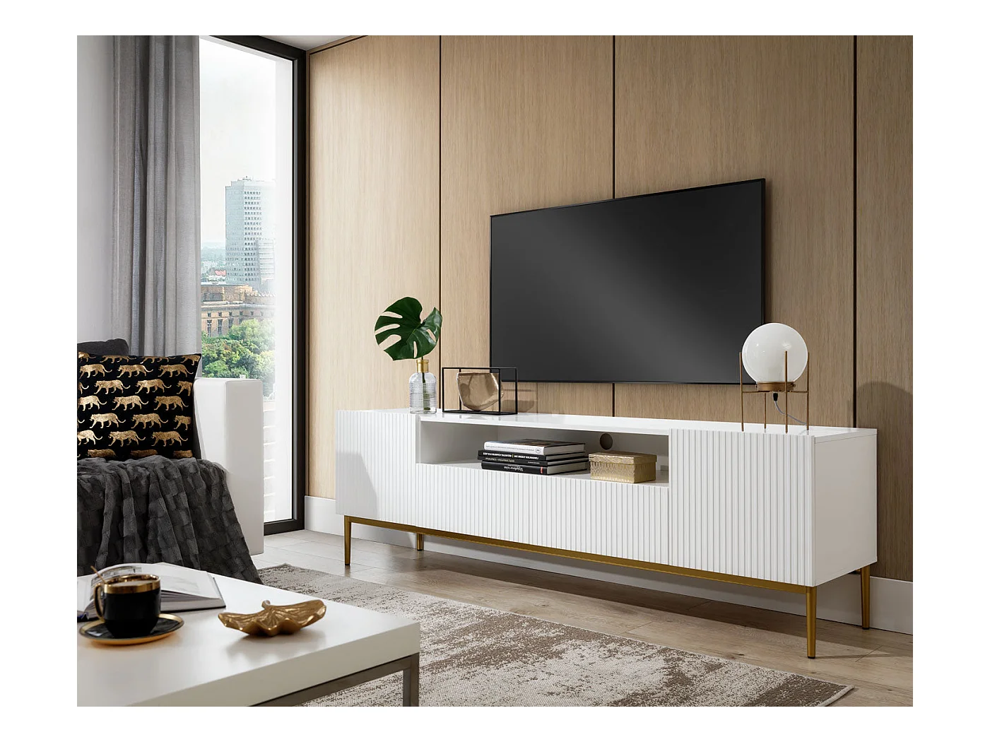 Weißer TV-Schrank mit 2 Türen und 2 Schubladen mit goldenem Metallfuß 200x45 cm