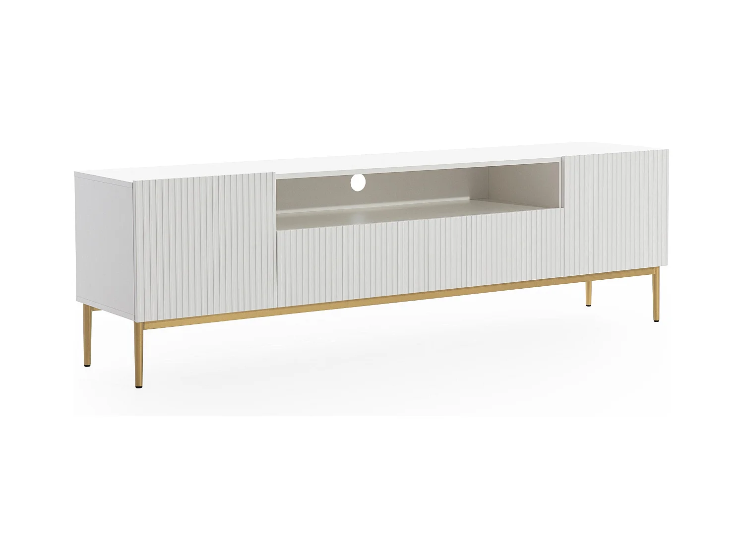 Weißer TV-Schrank mit 2 Türen und 2 Schubladen mit goldenem Metallfuß 200x45 cm