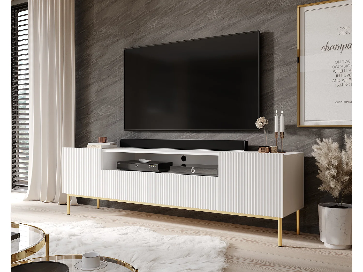 Weißer TV-Schrank mit 2 Türen und 2 Schubladen mit goldenem Metallfuß 200x45 cm