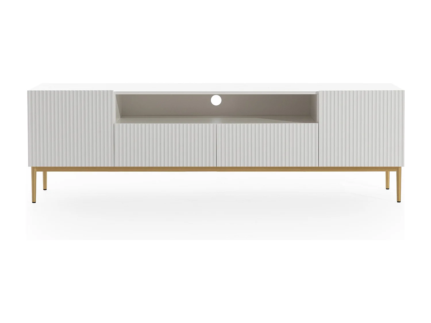 Weißer TV-Schrank mit 2 Türen und 2 Schubladen mit goldenem Metallfuß 200x45 cm